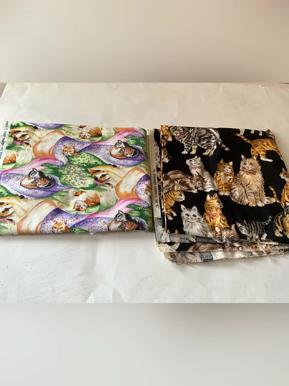 Vintage Quilting Sewing Crafts Fabric Lot Cats Tabby Cotton Orange Black Green